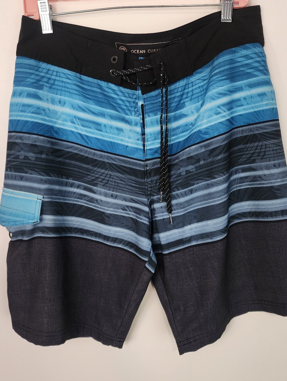 Ocean Current Men’s Black Blue Striped Board Shorts Mens Sz 32 Drawstring Swim